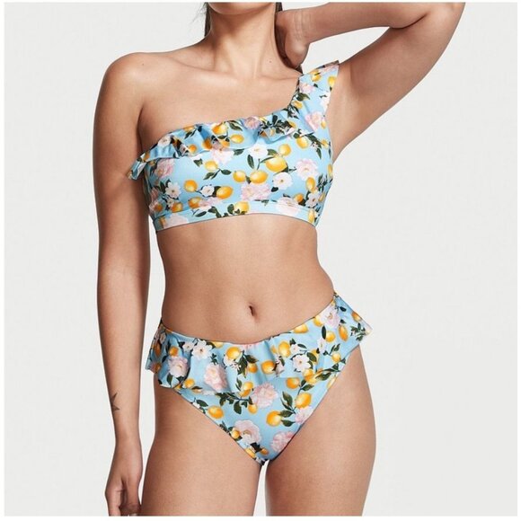 Victoria’s Secret Blue Lemon Ruffle One Shoulder Swim Top and Bottom Bikini CHEE - Picture 1 of 16